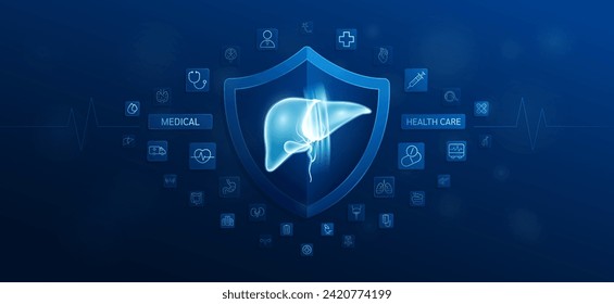 Atención médica. Protector interior de hígado y herramientas de equipo médico. Icono del médico, fármaco de la jeringa del estetoscopio y cruz del símbolo. Proteger el órgano humano sano. Vector de banner de anuncios.