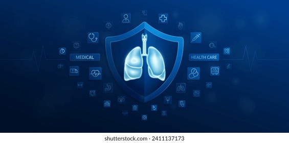 Medical health care. Lung inside shield and medical equipment tools. Doctor icon, stethoscope syringe drug and symbol cross. Protect treat human organ healthy. Ads banner vector.
