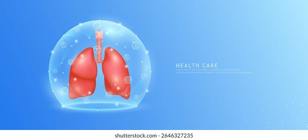 Medical health care. Lung organ human model in dome transparent shield protection with medical network icons. Technology innovation digital for health. Banner vector.