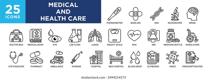 Atención médica y de la salud, medicina, salud, doctor, hospital, cuidado, conjunto de iconos de la clínica. iconos colección. Ilustración vectorial sencilla