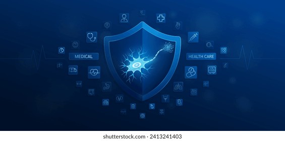 Medical health care. Nerve cell inside shield and medical equipment tools. Doctor icon, stethoscope syringe drug and symbol cross. Protect treat human organ healthy. Ads banner vector.