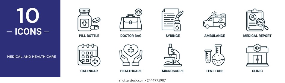 medical and health care outline icon set includes thin line pill bottle, doctor bag, syringe, ambulance, medical report, calendar, healthcare icons for report, presentation, diagram, web design