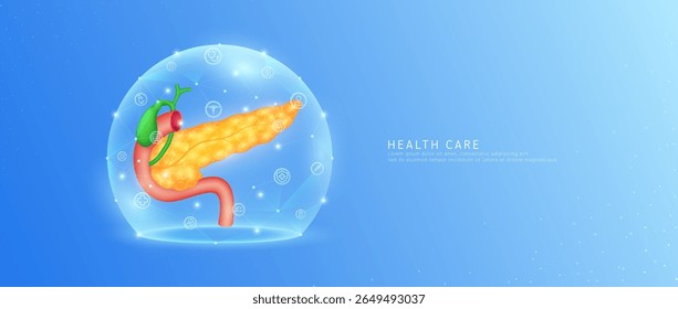 Medical health care. Pancreas organ human model in dome transparent shield protection with medical network icons. Technology innovation digital for health. Banner vector.