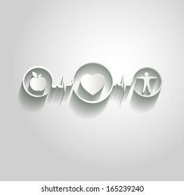 Medical health care paper illustration. Healthy food and fitness leads to healthy heart and life. Symbols connected with heart rate monitoring line. 