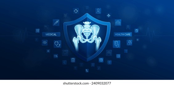 Medical health care. Pelvis bone inside shield and medical equipment tools. Doctor icon, symbol cross, stethoscope syringe and drug. Protect treat human organ healthy. Ads banner vector.