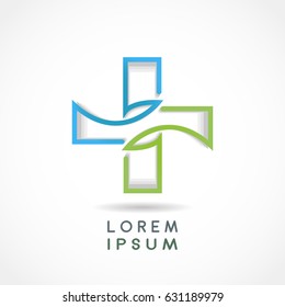 Medical health care pharmacy logo design cross style in blue and green color concept design
