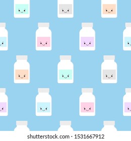 Medical, health care seamless pattern background with cute colorful bottle.