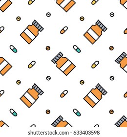 Medical, health care seamless pattern background with bottle and pills.