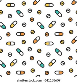 Medical, health care seamless pattern background with doodle pills.