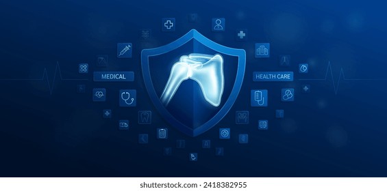 Medical health care. Shoulder bone inside shield and medical equipment tools. Doctor icon, symbol cross, stethoscope syringe and drug. Protect treat human organ healthy. Ads banner vector.