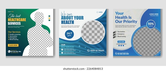 Medical and health care social media post template design collection and instagram banner