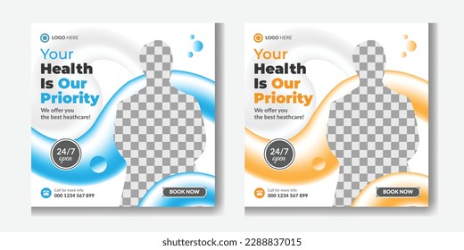 Medical health care social media post template, health banner template for social media, Medical square flyer template. Healthcare Social media post template. Promotion square web banner for hospital 