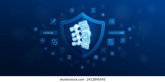 Medical health care. Spine bone inside shield and medical equipment tools. Doctor icon, symbol cross, stethoscope syringe and drug. Protect treat human organ healthy. Ads banner vector.