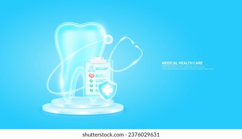 Medical health care. Stethoscope surrounded the tooth and symbol cross in shield glass. Check mark, red heart pulse in document form board floating on podium. Health insurance concept. Vector.