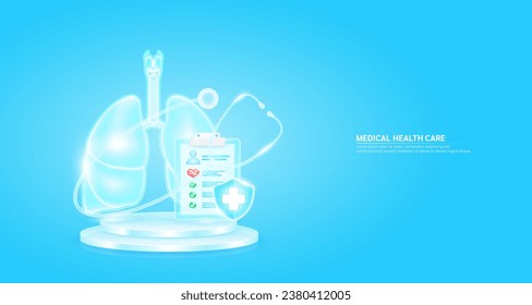 Medical health care. Stethoscope surrounded the lung and symbol cross in shield glass. Check mark, red heart pulse in document form board floating on podium. Health insurance concept. Vector.