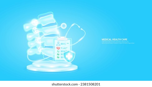 Medical health care. Stethoscope surrounded the spine bone and symbol cross in shield glass. Check mark, red heart pulse in document form board floating on podium. Health insurance concept. Vector.