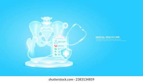 Medical health care. Stethoscope surrounded the pelvis bone and symbol cross in shield glass. Check mark, red heart pulse in document form board floating on podium. Health insurance concept. Vector.