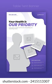 Medical health care table tent banner template, doctor service promotion display on table, medical care and insurance cover in abstract purple colorful shape on white background