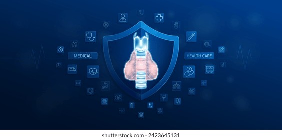 Medical health care. Thyroid inside shield and medical equipment tools. Doctor icon, stethoscope syringe drug and symbol cross. Protect treat human organ healthy. Ads banner vector.