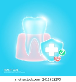 Medical health care. Tooth gum organ and symbol cross in blue shield glass, red heart pulse line with check mark green button. Life health insurance concept. Medical service. Vector EPS10.