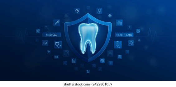 Medical health care. Tooth inside shield and medical equipment tools. Doctor icon, symbol cross, stethoscope syringe and drug. Protect treat human organ healthy. Ads banner vector.