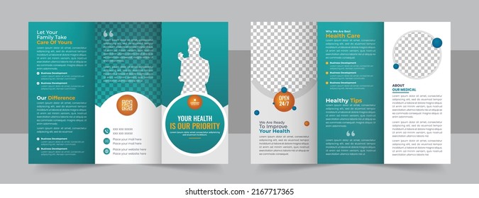 Medical, Health Care Trifold Brochure Template. Tri Fold Brochure Design. Teal, Orange Corporate Business Template For Tri Fold Flyer. Layout With Modern Circle Photo And Abstract Background.