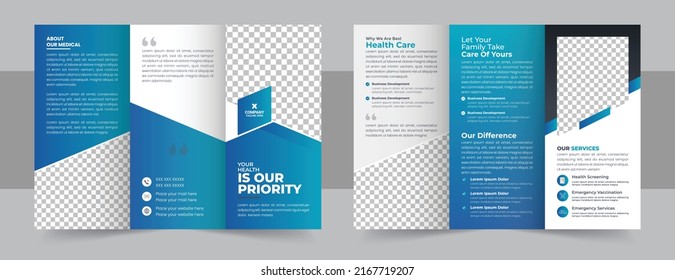 Medical, health care Trifold brochure template. Tri fold Orange brochure design with square shapes, corporate business template for tri fold flyer. The template is white with a place for photos.