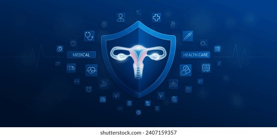 Medical health care. Uterus inside shield and medical equipment tools. Doctor icon, stethoscope syringe drug and symbol cross. Protect treat human organ healthy. Ads banner vector.