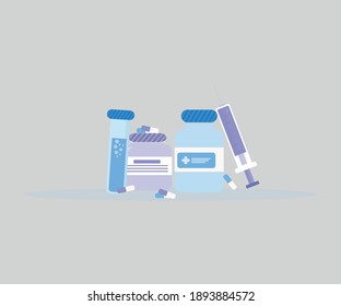 Medical and health care vaccine or medicine bottles, tablets and syringe or injection vector illustration design graphic art template