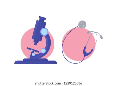 Medical health care vector illustration set: Microscope icon, stethoscope icon. Good for medical or science banner, poster, brochure or landing page. Microscope and stethoscope professional tools.