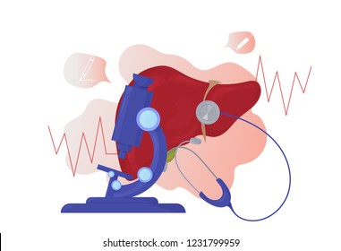 Medical health care vector illustration: Microscope and Liver icon. Hepatology sign.