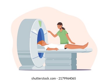 Medical Health Care. Woman Patient Lying on Mri Scan Machine with Doctor Standing Next to Her. Magnetic Resonance Imaging Digital Technology in Medicine Diagnostic. Cartoon People Vector Illustration