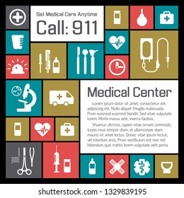 Medical and health center background with medicine symbols flat vector illustration