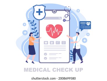 Medical Health Check Up Background Landing Page Illustration. The Doctor Holds A Form Containing Patient Health List For Making Banner And Other