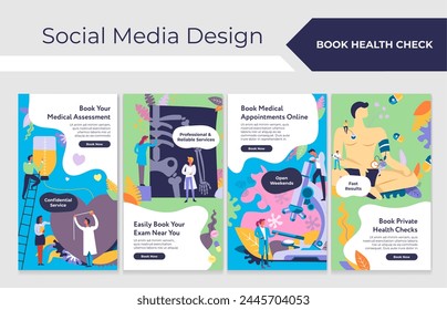 Medical health check, medicine care story set. Social media post design for booking health test, vector illustration. Reserve clinic assessment online, template banner with tiny doctor character