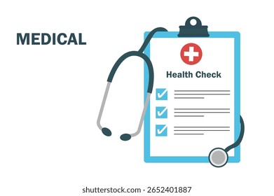 Exame de saúde médico. Estetoscópio com quadro de lista de verificação médica. Conceito de seguro médico e de saúde. 