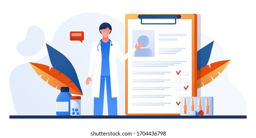 Medical health check up. Doctor standing near board of health check list. Surgeon, therapist in white medical coat with a stethoscope. Prescription paper,  report or insurance document. 