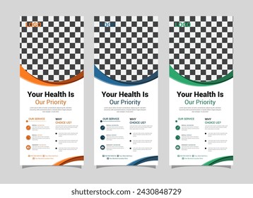 Medical health clinic nurse modern doctor rollup X banner templet design, corporate health business marketing editable standee design.
