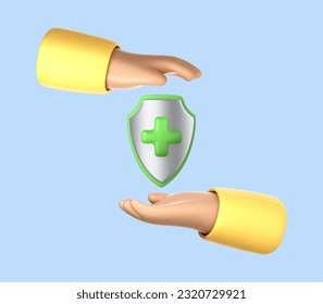 Medical health concept. 3D cartoon hands protecting shield with cross isolated on blue background. First aid and healthcare concept. Vector 3d Illustration
