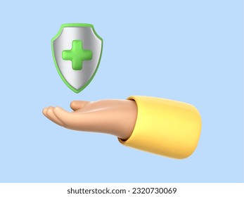 Medical health concept. 3D cartoon hand holds shield with cross isolated on blue background. First aid and healthcare concept. Vector 3d Illustration