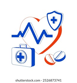 Medical health concept with heart, first aid kit, pills, shield, and heartbeat line in red and blue color scheme