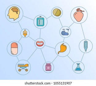 medical and health concept icons network diagram in blue background