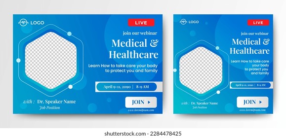 Medical Health Conference live webinar banner invitation and social media post template. Healthcare webinar invitation design.