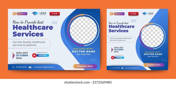 Medical Health Conference live webinar banner invitation and social media post template. Healthcare webinar invitation design.