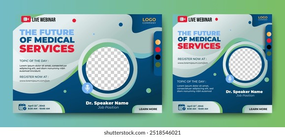 Medical Health Conference live webinar banner invitation and social media post template. Healthcare webinar invitation design.	