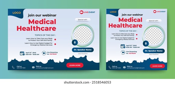 Medical Health Conference live webinar banner invitation and social media post template. Healthcare webinar invitation design.	