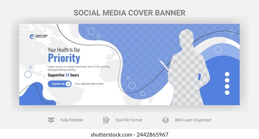 Medical Health Cover Design Template, Banner Template and Web Banner Template Design for Social Media with mixed beautiful blue color