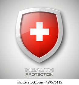 medical health cross Protection shield concept. Safety badge icon. Privacy banner. Security label. Defense tag. Presentation sticker shape. Defense sign. Vector illustration