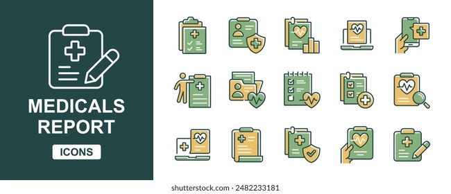 medical health diagnosis report icon vector set medical check-up analysis hospital record information clipboard signs collection for web and app