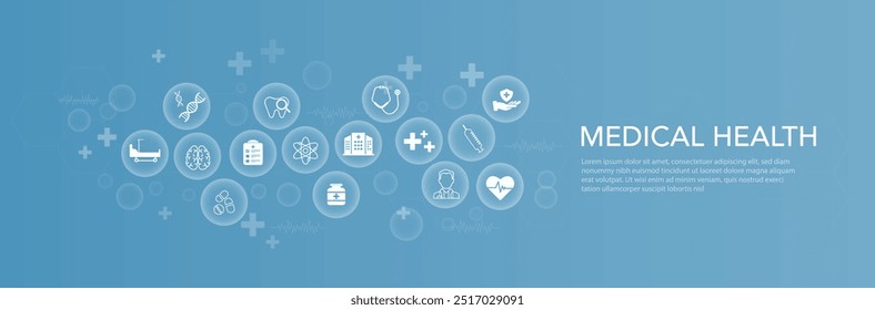 Salud médica, salud, concepto médico con los iconos de la tecnología digital, concepto mundial, negocio moderno, innovación, tratamiento, medicina, Fondo de pantalla médico azul. Ilustración vectorial, Anuncio